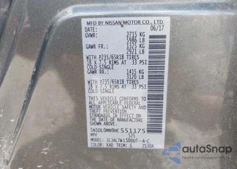 2017 Infiniti Qx60 from USA, damaged, VIN 5N1DL0MN9HC551175